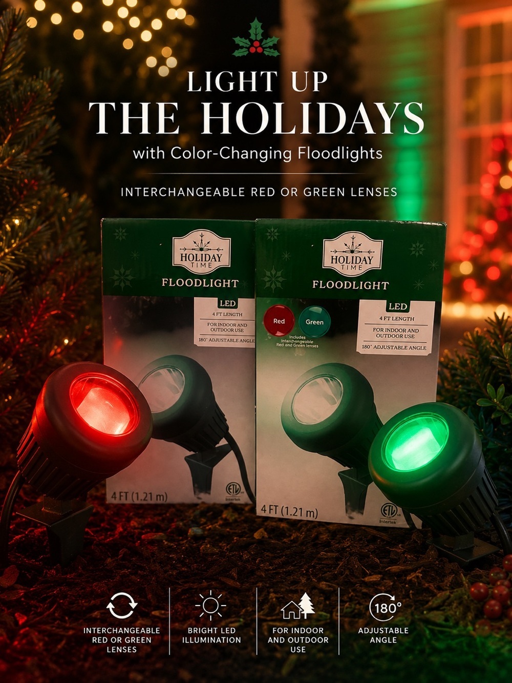 Holiday Time LED Floodlights with Red and Green Lenses